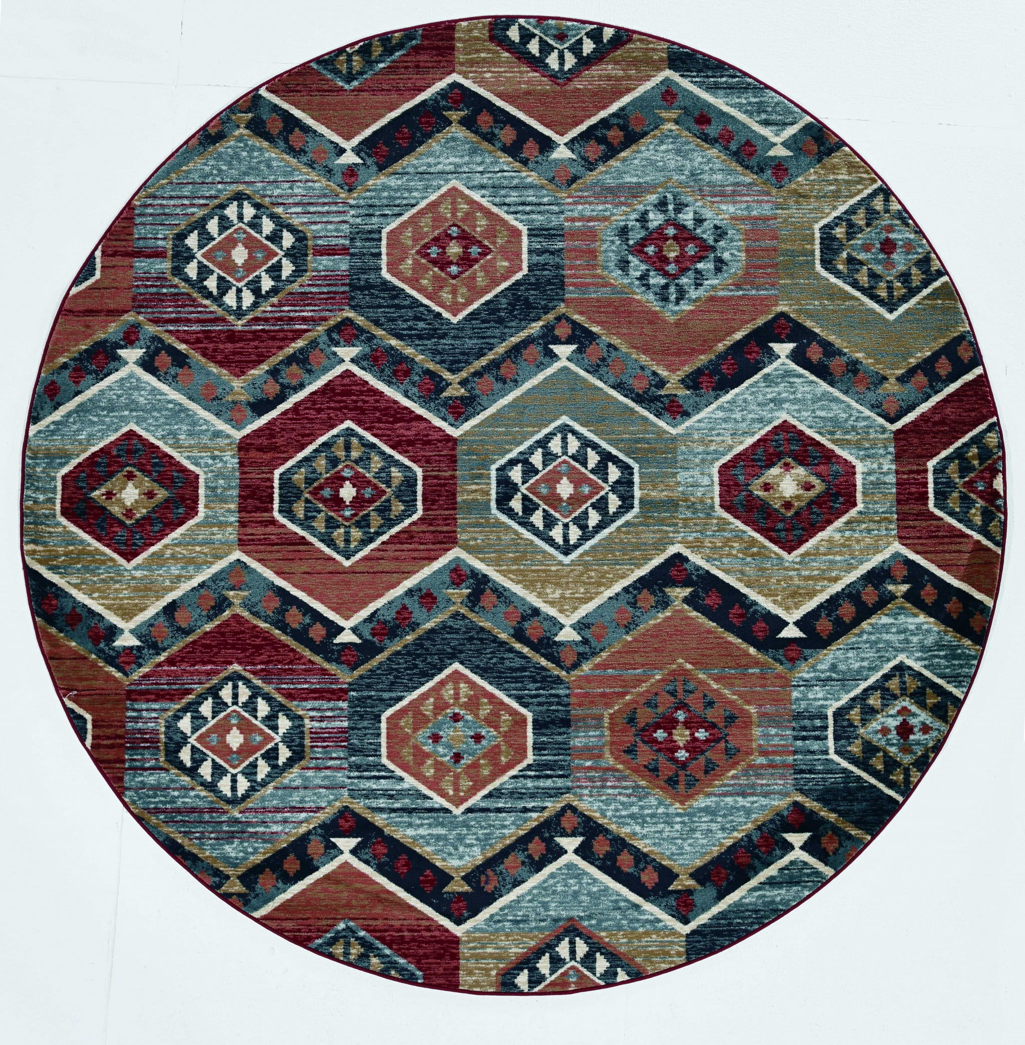 94'' Round Multicolor Geometric Pattern Synthetic Fur Rug