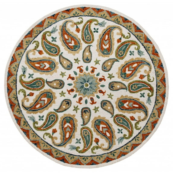 7’ Round Orange and White Paisley Area Rug