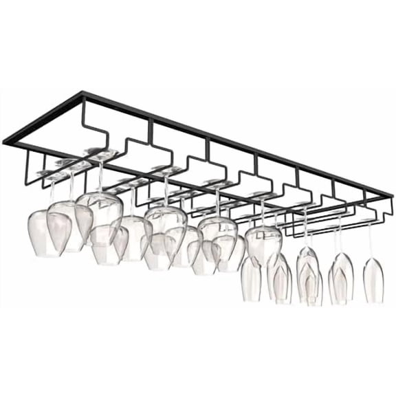 7-Row Stemware Rack - Under Cabinet Wine Glass Holder - Black Metal Hanging Shelf for Kitchen and Bar - Holds Up to 22 Glasses$$Home Decor, Kitchen, & Other