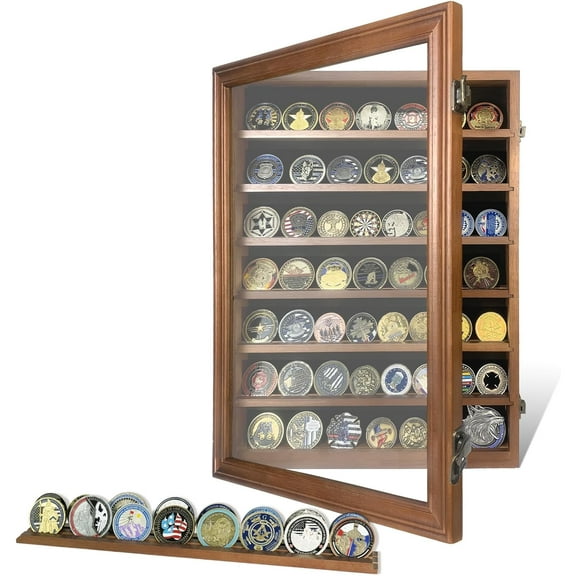 7 Rows Challenge Coin Holder Display Cabinet Wall Mount with HD Tempered Glass Holds 100 Coins, Solid Wood Military Medal Shadow Box Poker Chip Display Case with Removable Shelves, Walnut