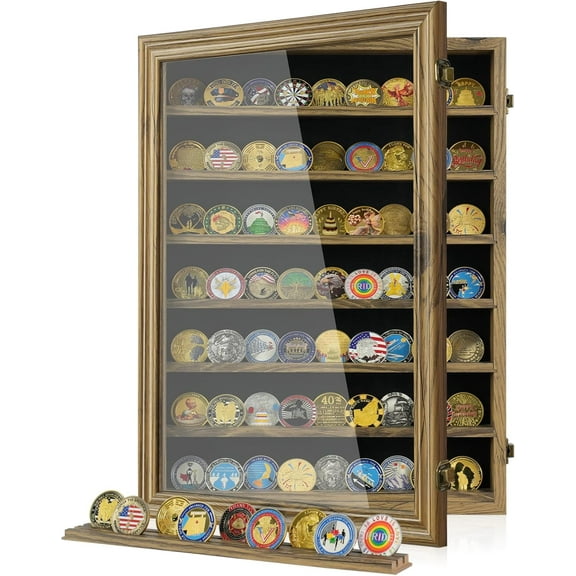 7 Rows Military Challenge Coin Holder Display Cabinet with HD Tempered Glass – Holds 100 Coins, Wooden Medal Shadow Box Display Case with Removable Shelves, Wall Mount or Tabletop Display, RusticWood