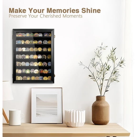 7 Rows Wooden Military Challenge Coin Holder Display Case with HD Tempered Glass Holds 100 Coins, Medal Display Cabinet Shadow Box with Removable Shelves, Tabletop or Wall Mountable Black