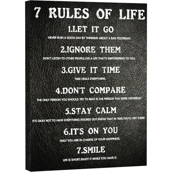 7 Rules of Life 1 Pack Motivational Poster 12 x 16 Inches Framed Canvas Prints Inspirational Wall Art for Men Black and White Posters Positive Quotes Wall Decor Motto Paintings for Bedroom