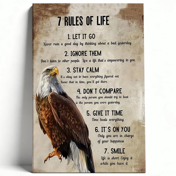 7 Rules of Life Bald Eagle Canvas Wall Art Inspirational Motivational Quote Painting Vintage Country Poster Living Room Office Decor Print Ready to Hang 8*12