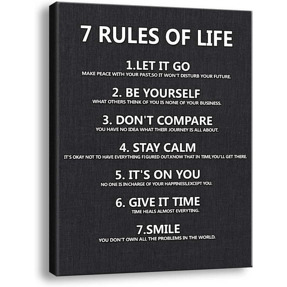 7 Rules of Life Wall Art Motivational Poster Printed on Canvas Wall Decor for Living Room Bathroom Size11.5 x 15 Inch - For Bedroom or Home Office Framed Art Decoration Ready to Hang A-239