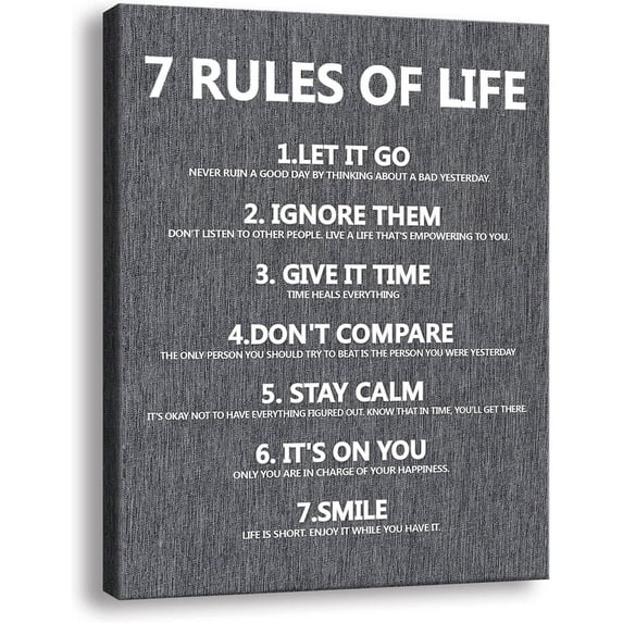 7 Rules of Life Wall art Motivational Poster Printed on Canvas Wall Decor for Living Room Bathroom Size12 x 15 Inch - For Bedroom or Home Office Framed Art Decoration Ready to Hang A-238