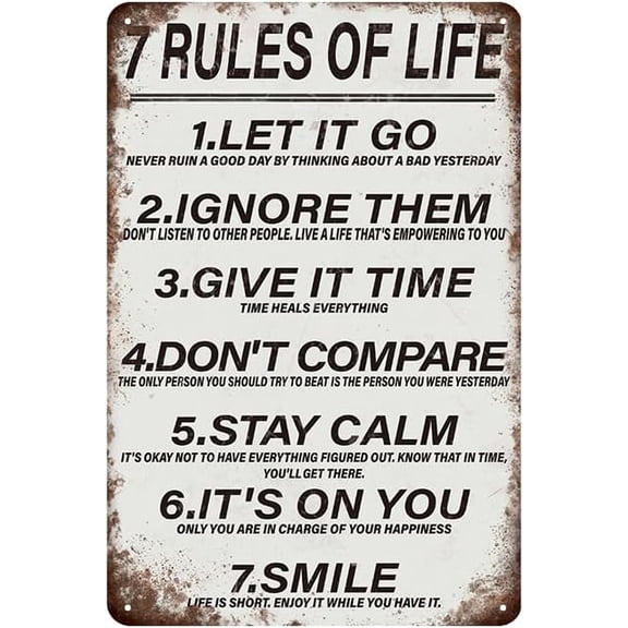 7 Rules of Life Motivational Signs Tin Metal Wall Art Decor Poster Inspirational Quote for Home Office Classroom Bedroom 8x12 Inch