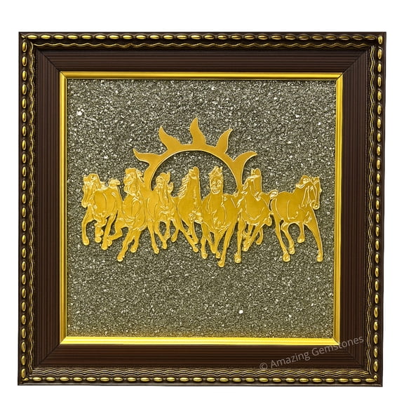 7 Running Horses with Sun Pyrite Wall Frame Prosperity, Success & Protection Wooden Home Decor with Natural Pyrite Stone