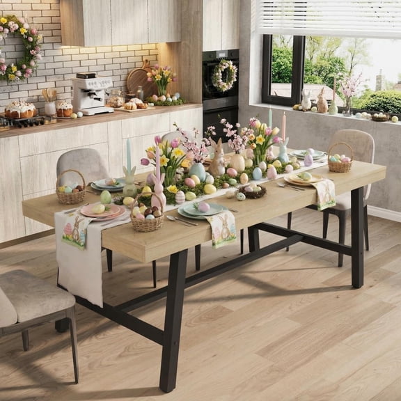 7 Rustic Industrial Dining Table for 6-8, Sturdy Wooden Rectangle Table with Heavy-Duty Metal Frame,Waterproof&Stable for Home,Kitchen,Dining Room