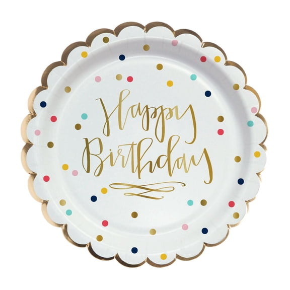 7" Scallop Edged Round Gold Foil Rim Happy Birthday Confetti Paper Dessert Plates (8pc) | Slant
