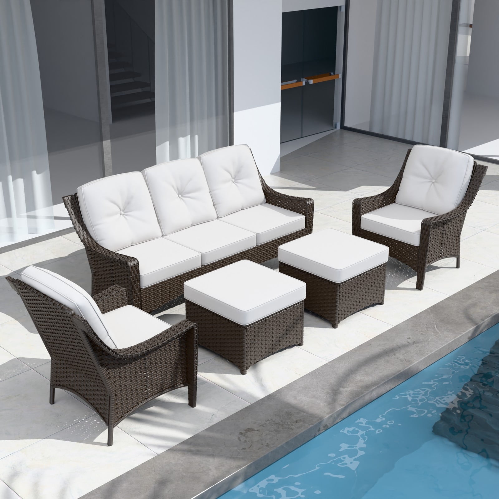 Brown Wicker 5-Piece Outdoor Patio Set with White Cushions