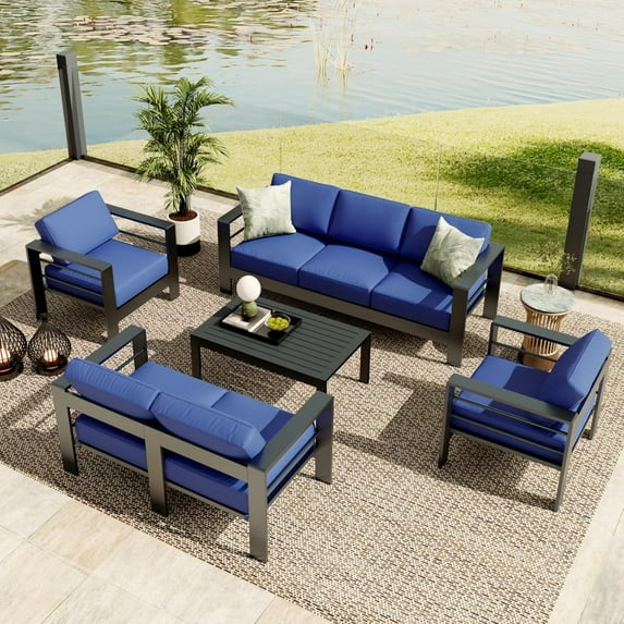 7-Seat Aluminum Patio Furniture Set – 5-Piece Outdoor Sectional Conversation Set with 4" Wide Armrests, Coffee Table & Thick Cushions, Blue