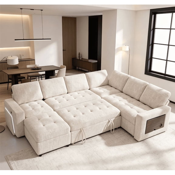 7-Seat Chenille  Modular Sectional Sofa with Pull-Out Bed, Reclining Backrest, USB Ports, Side Table, LED Lights & Storage Seats, Tool-Free Assembly, Beige Living Room Sofa