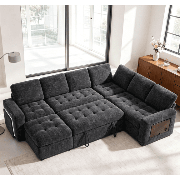 7-Seat Chenille Modular Sectional Sofa with Pull-Out Bed, Reclining Backrest, USB Ports, Side Table, LED Lights & Storage Seats, Tool-Free Assembly, Black Living Room Sofa