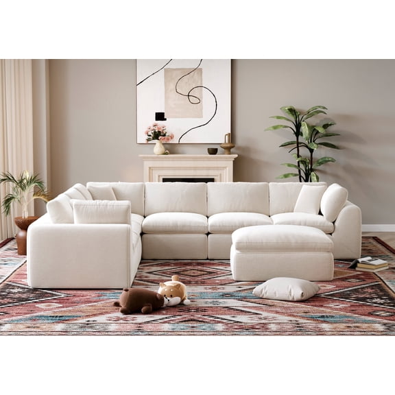 7-Seat Convertible Modular Sectional Sofa with Ottoman, Large Boneless Cloud Couch, No-Assembly Living Room Design, 139" Wide, White