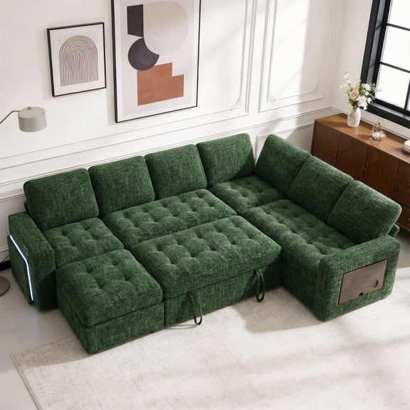 7-Seat Modular Sectional Sofa with Pull-Out Bed, Reclining Backrest, USB Ports, Side Table, LED Lights & Storage Seats, Tool-Free Assembly, Green Living Room Sofa
