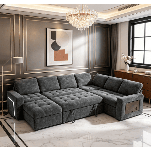 7-Seat Modular Sectional Sofa with Pull-Out Bed, Reclining Backrest, USB Ports, Side Table, LED Lights & Storage Seats, Tool-Free Assembly, Green Living Room Sofa