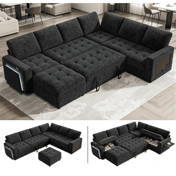 7-Seat Modular Sectional Sofa with Pull-Out Bed, Reclining Backrest, USB Ports, Table, LED Lights & Storage Seats Tool-Free Assembly, Comfortable Living Room Furniture Green