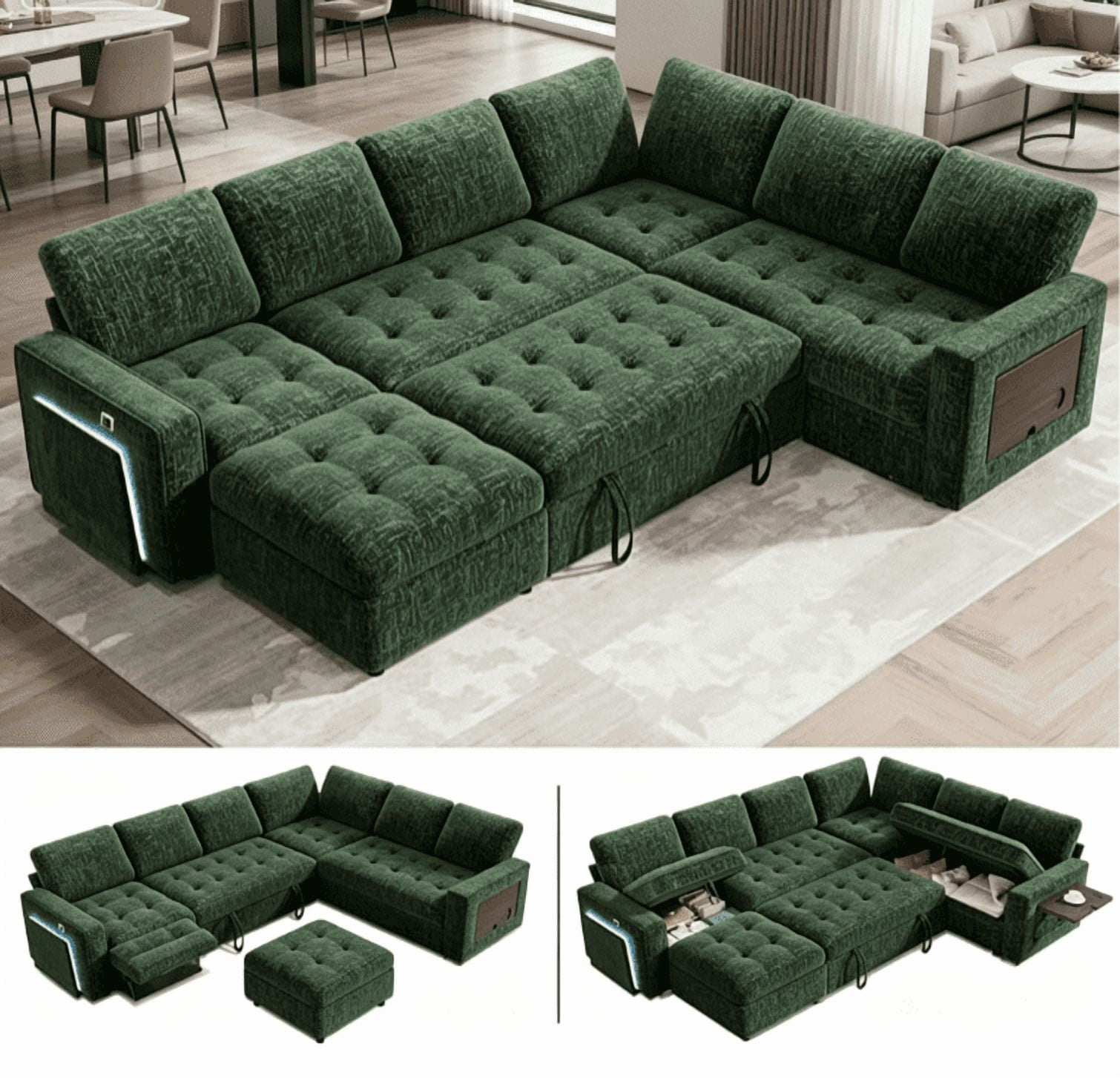 7-Seat Modular Sectional Sofa with Pull-Out Bed, Reclining Backrest, USB Ports, Table, LED Lights & Storage Seats – Tool-Free Assembly, Comfortable Living Room Furniture Green