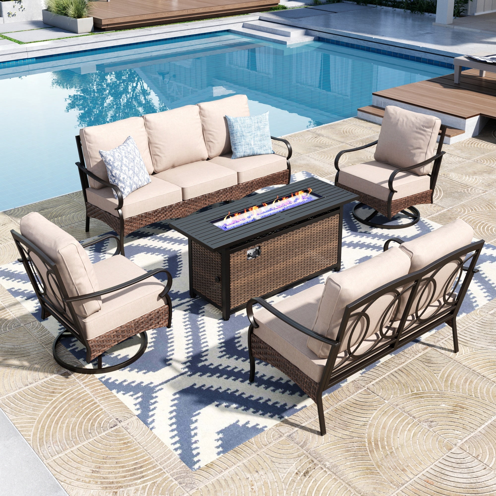 7-Seat Outdoor Patio Furniture Set with 56" Fire Pit Table, Outdoor Patio Conversation Set with Fire Table, Fire Pit Set with Swivel Chairs, Beige
