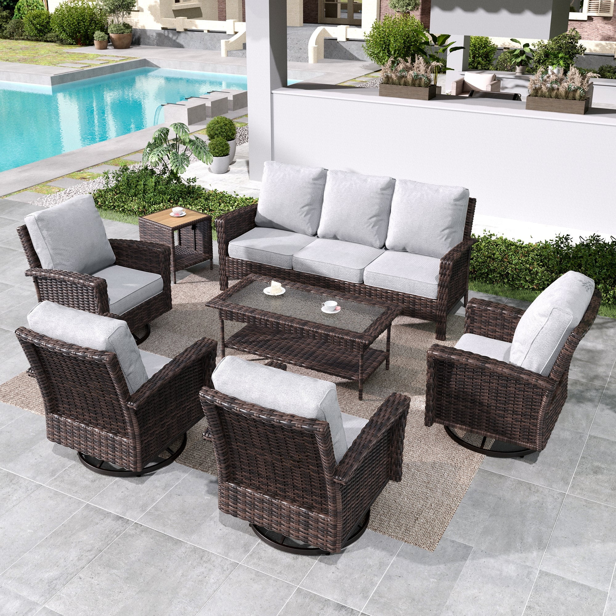 7-Seat Wicker Patio Furniture Set with 4 Swivel Chairs & 3-Seat Sofa with 2 Coffee Table, Outdoor Sectional Conversation Set, Light-gray
