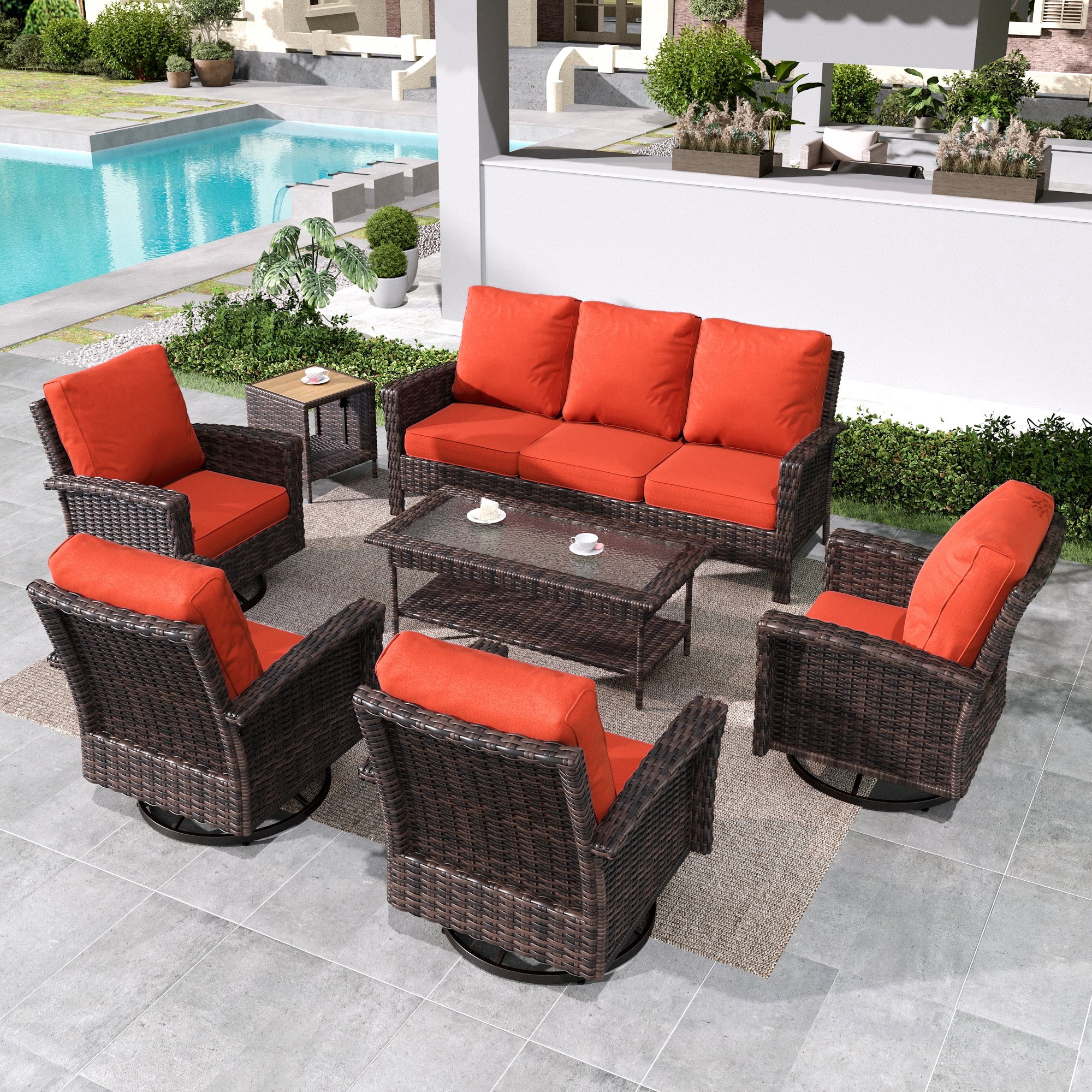 7-Seat Wicker Patio Furniture Set with 4 Swivel Chairs & 3-Seat Sofa with 2 Coffee Table, Outdoor Sectional Conversation Set, Red