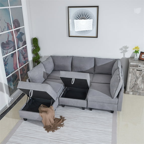 7-Seater Modular Sectional Sofa Couch with Storage Seats, Convertible Sleeper Sofa Bed with Ottoman and Thick Cusions, Fabric Upholstered Sofa Couch for Living Room