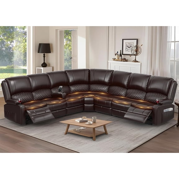 7 Seater Reclining Sofa,recliner with Center Armrest, USB, Phone Holder & Storage, Perfect for Home Cinema, Modern Couch (PU, Brown)