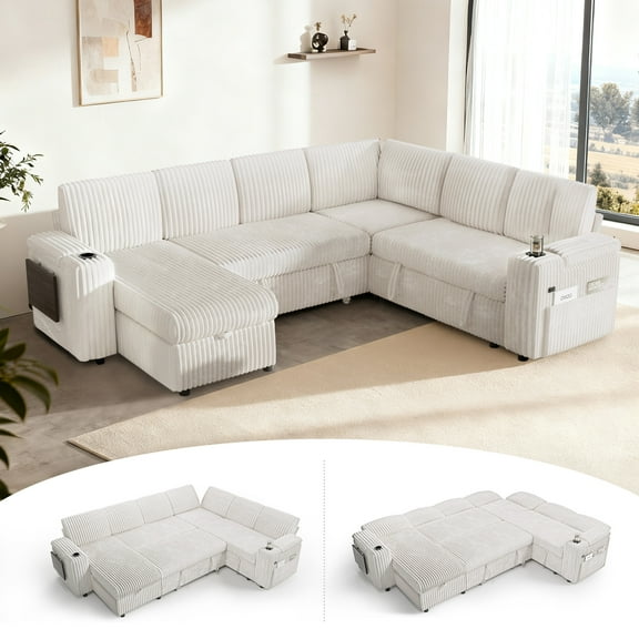 7-Seater Sectional L-Shaped Sofa with 2 Cup Holders and USB Port, 5-Position Adjustable Backrest, Built-in Table, Dual Storage Armrests, Modern Convertible Couch for Living Room