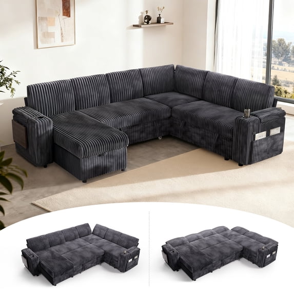 7-Seater Sectional L-Shaped Sofa with 2 Cup Holders and USB Port, 5-Position Adjustable Backrest, Built-in Table, Dual Storage Armrests, Modern Convertible Couch for Living Room
