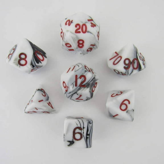 Black and White Marble Acrylic Dice with Red Numbers 16mm (5/8in) Set of 7 Metallic Dice Games