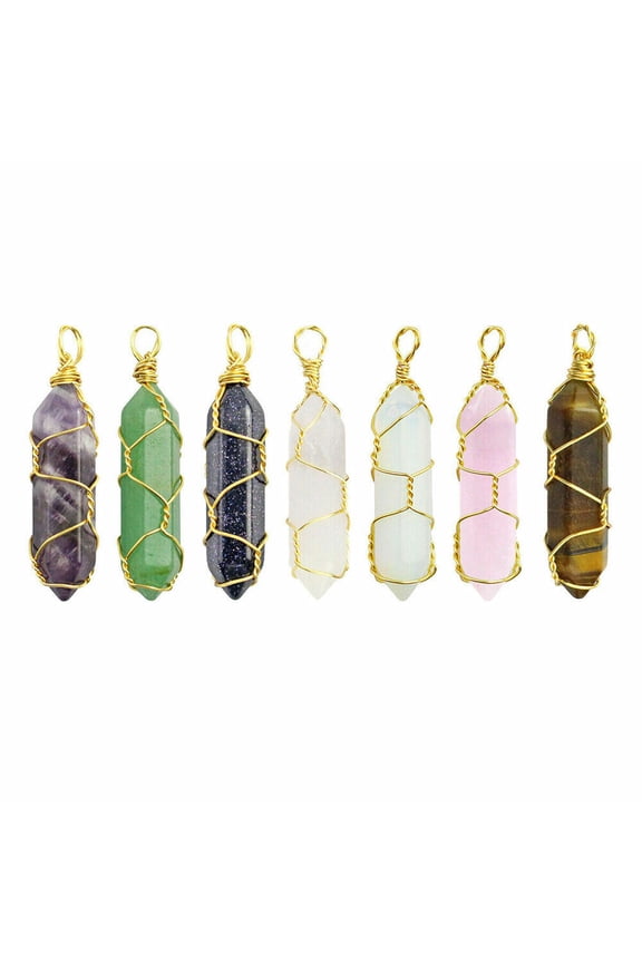 7 Set Chakra Pendant Wire Wrapped Gemstone Natural Stone Crystal Quartzs Point