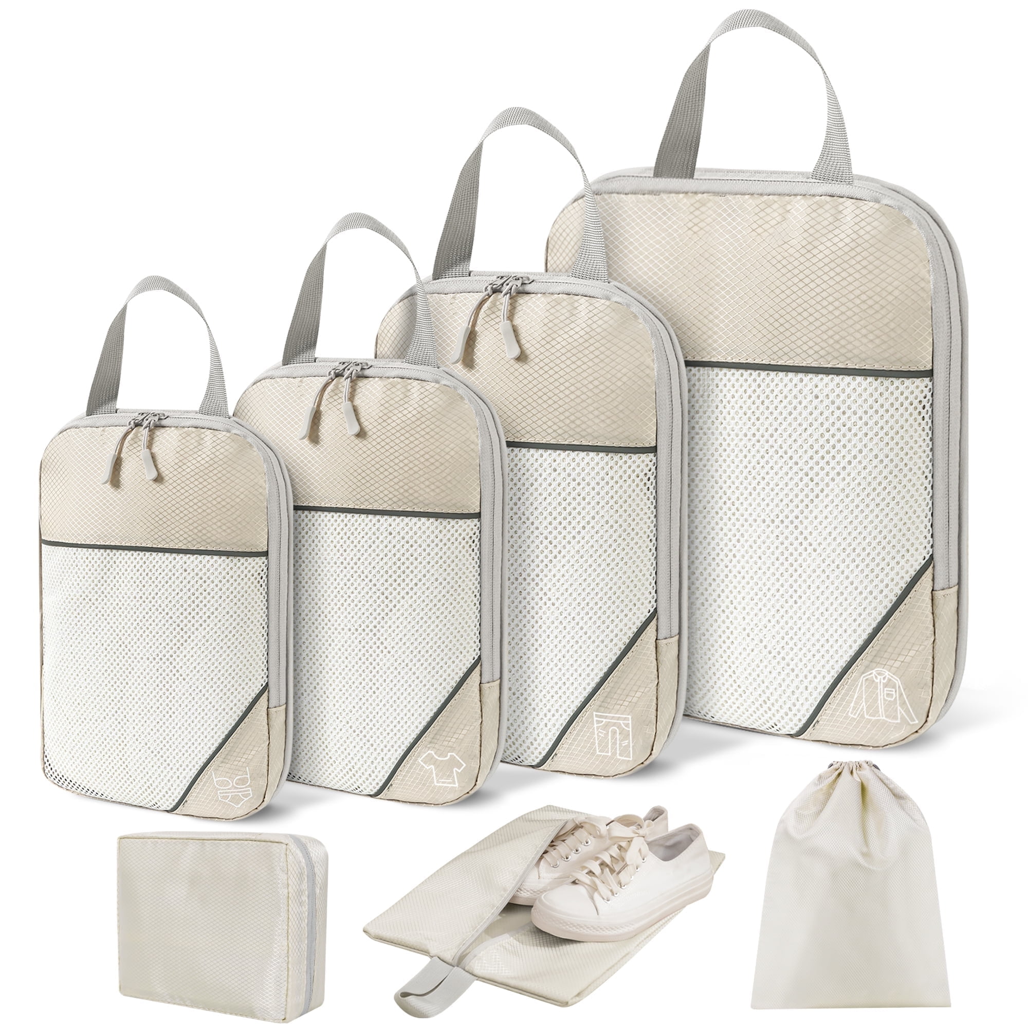 7 Set Compression Packing Cubes, Expandable Packing Organizers for Travel Accessories Luggage Suitcase Backpack, Beige