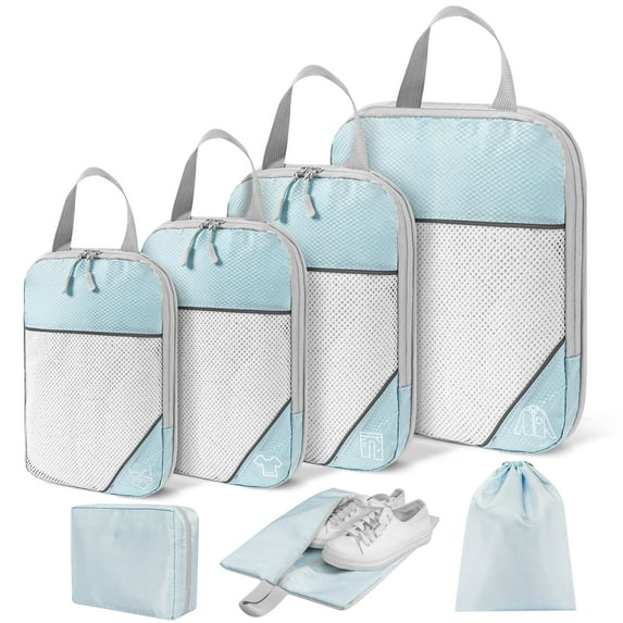 7 Set Compression Packing Cubes for Travel Essentials, Compressible Expandable Packing Cubes for Suitcase, Travel Bags Luggage Organizers Compression Cubes for Travel Carry on Suitcases, Blue
