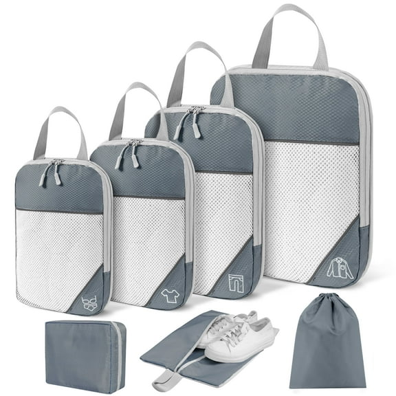 7 Set Compression Packing Cubes for Travel Essentials, Compressible Expandable Packing Cubes for Suitcase, Travel Bags Luggage Organizers Compression Cubes for Travel Carry on Suitcases, Gray