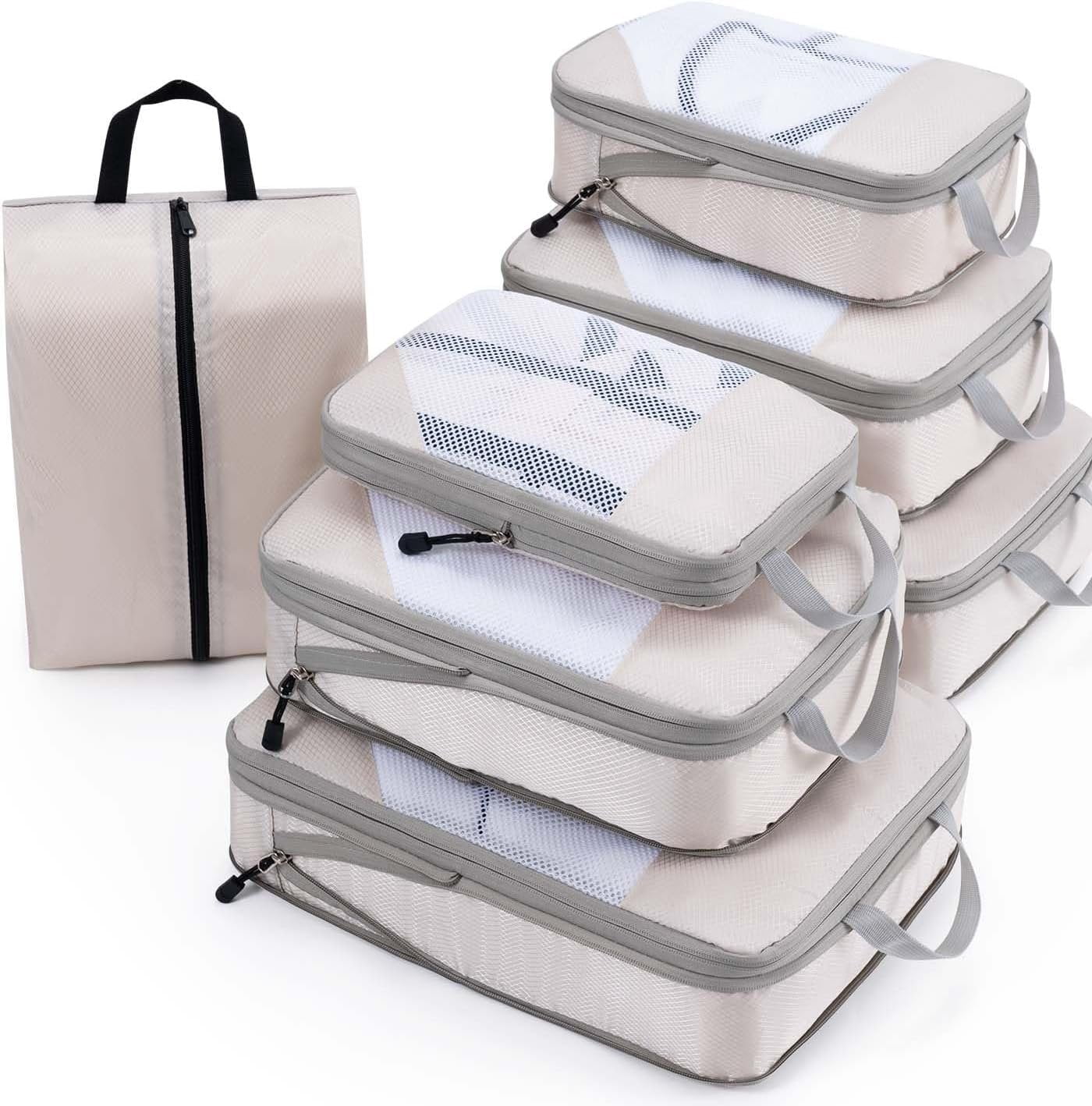 7 Set Compression Packing Cubes for Travel, Durable Ripstop Mesh Suitcase Organizer with Shoe Bag, Ultralight & Expandable Space Saver Travel Cubes