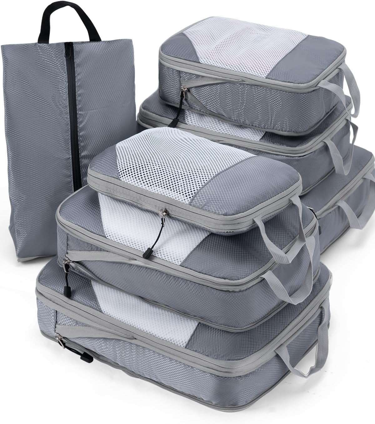 7 Set Compression Packing Cubes for Travel, Durable Ripstop Mesh Suitcase Organizer with Shoe Bag, Ultralight & Expandable Space Saver Travel Cubes