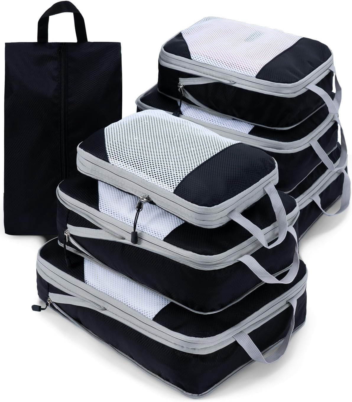 7 Set Compression Packing Cubes for Travel, Durable Ripstop Mesh Suitcase Organizer with Shoe Bag, Ultralight & Expandable Space Saver Travel Cubes