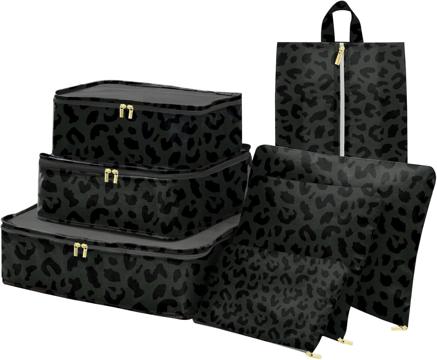 7 Set Packing Cubes Travel Luggage Organizers for Suitcase Travel Accessories with Shoe Bag for Women Girls Aesthetic Cute-Black Leopard