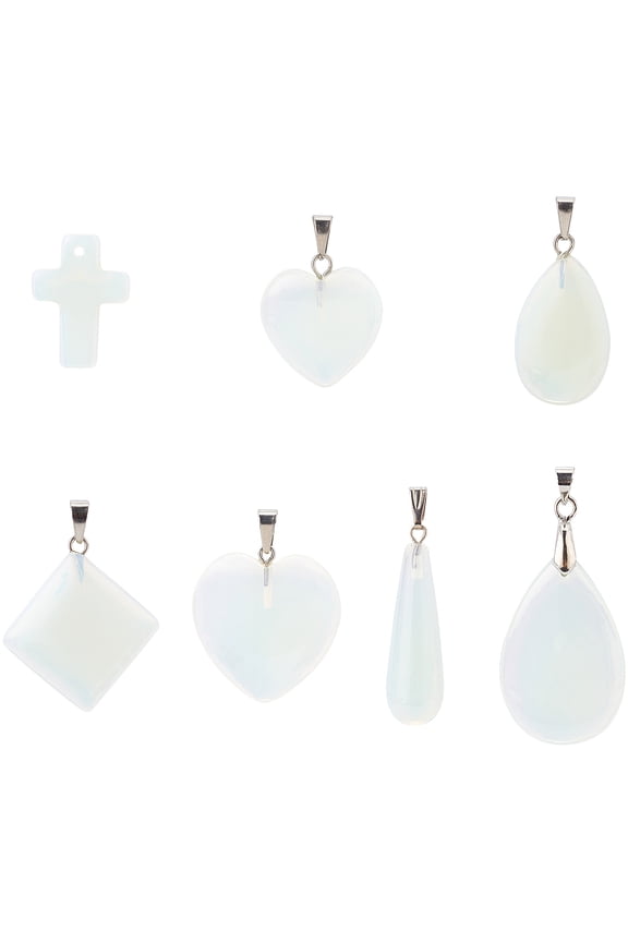 7 Shapes Opalite Pendants 14pcs Heart Teardrop Rhombus Gemstone Pendants Stone Dangle Beads for Mother's Day Necklace Jewelry Making DIY
