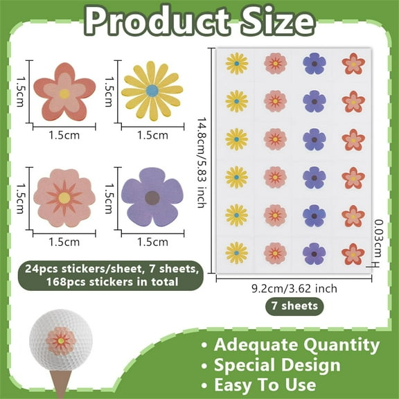 7 Sheets/168Pcs Flower Pattern Golf Ball Stickers Golf Ball Markers Self Adhesive Waterproof Decals Golfing Accessories Stickers for Identify Golf Balls Golf Themed Party Decorations