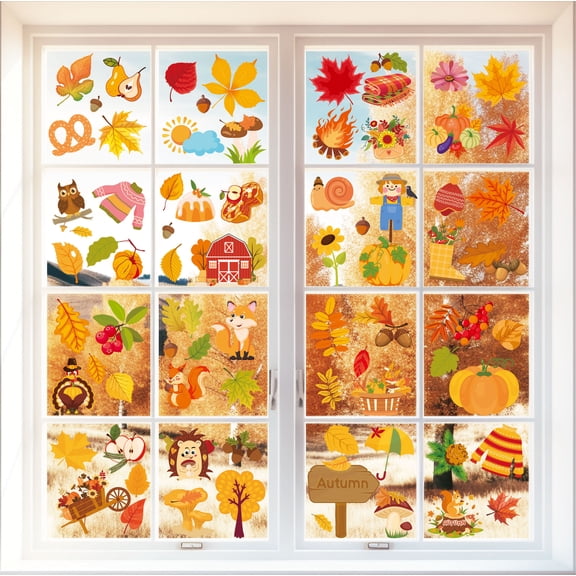 7 Sheets Fall Decorations, 91 PCS Fall Window Clings, Autumn Static Stickers with Maple Leaves Pumpkin Nuts, Autumn Window Clings for Party Thanksgiving Decor