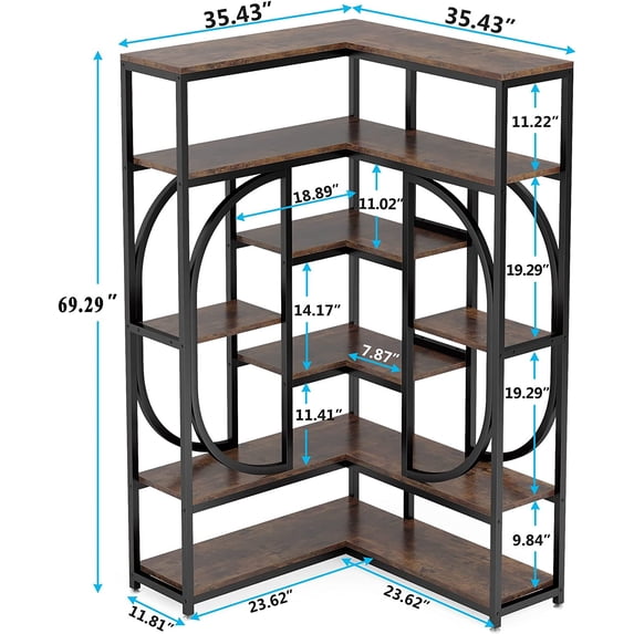 7-Shelf Corner Bookshelf Large Modern L-Shaped Storage Rack Metal Frame ...