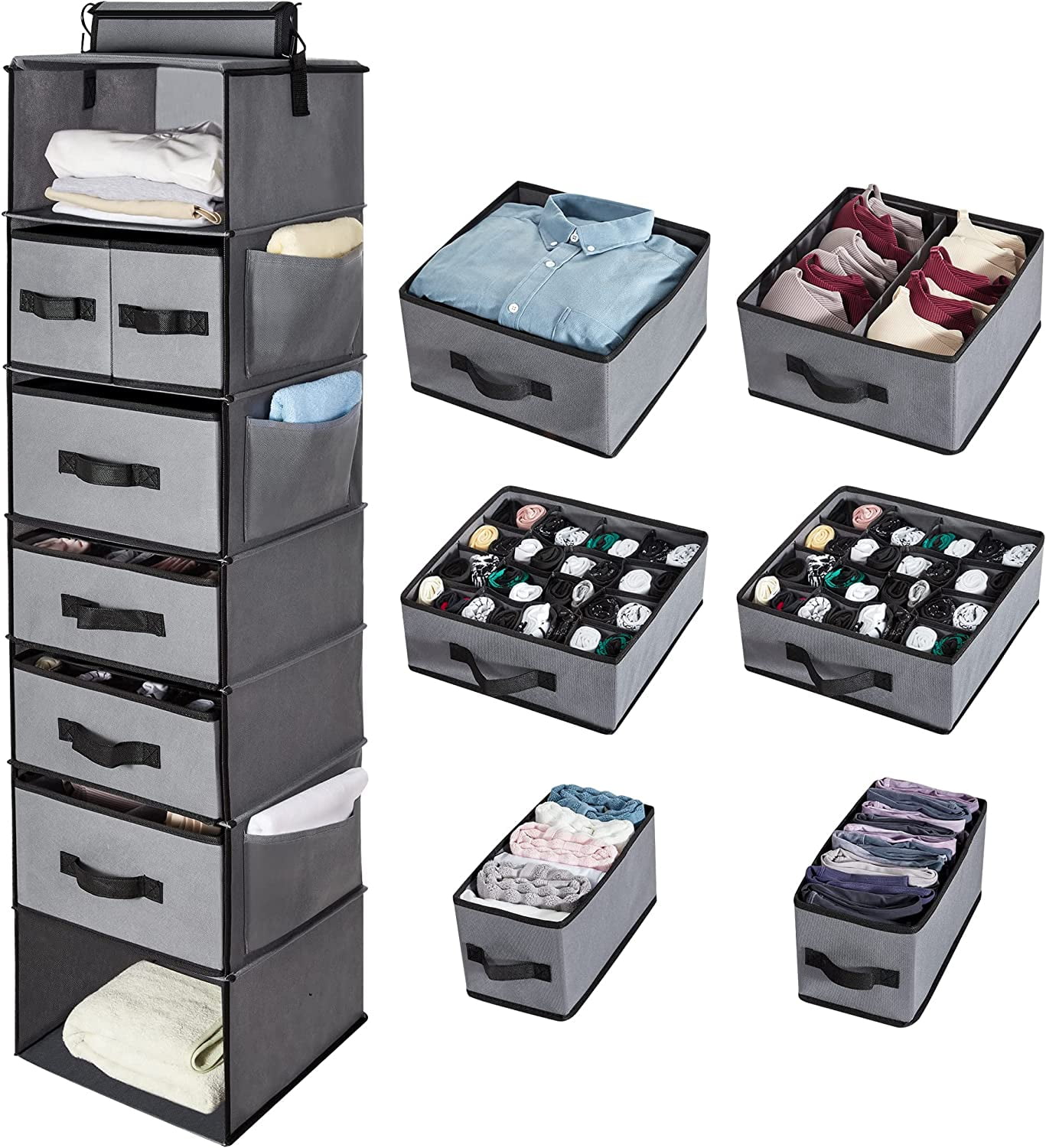 7 Shelf Hanging Closet Organizer with Drawers, Hanging Closet Shelves
