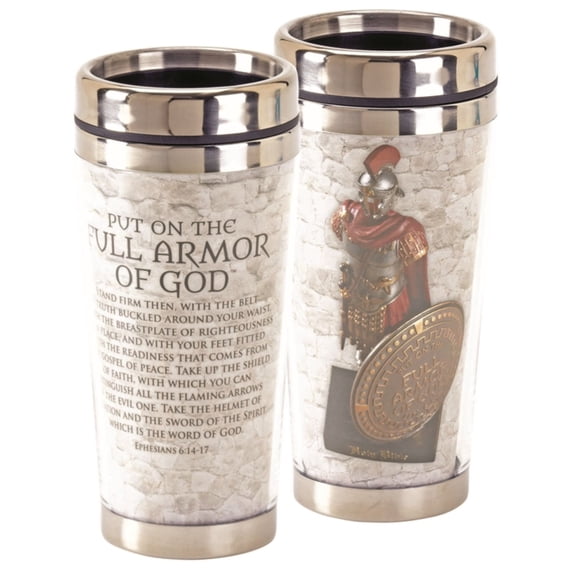 7" Silver and Beige "PUT ON THE FULL ARMOR OF GOD" Printed 16 oz Travel Mug