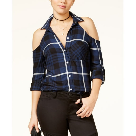7 Sisters Juniors Cold Shoulder Plaid Shirt Navyblack S