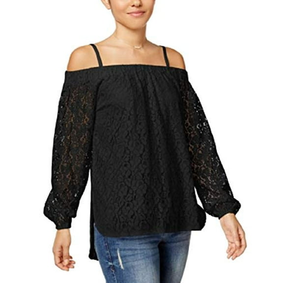 7 Sisters Juniors' Off-The-Shoulder Lace High-Low Top (Black, S)