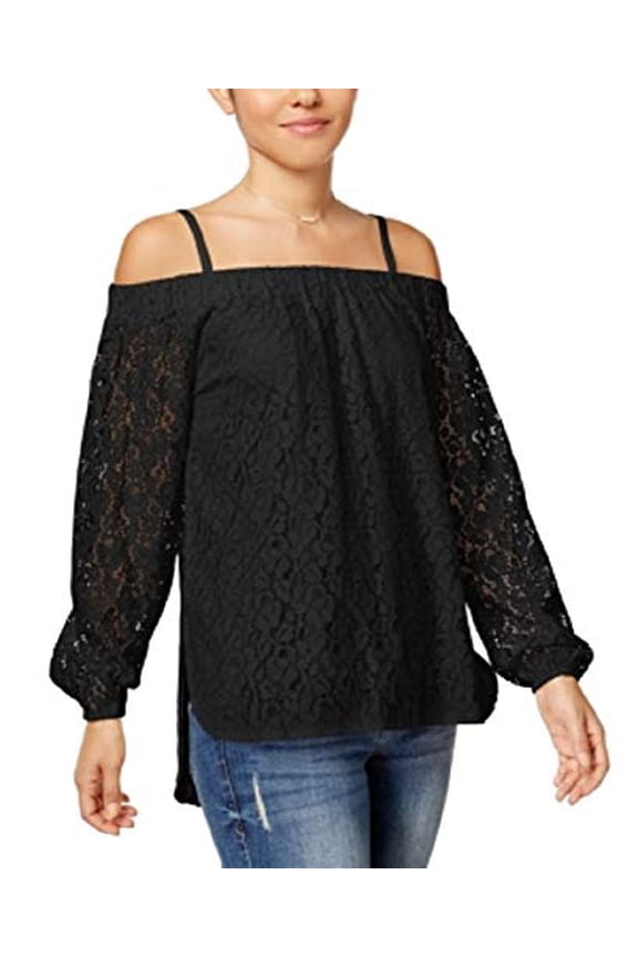 Juniors' Off-The-Shoulder Lace High-Low Top (Black, S)
