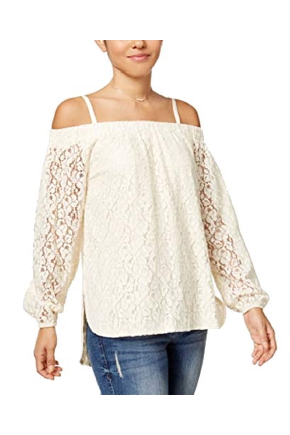Juniors' Off-The-Shoulder Lace High-Low Top (Ivory, S)