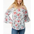 thumbnail image 1 of 7 Sisters Juniors Printed Bell Sleeved Cold Shoulder Blouse Light Blue Floral XS, 1 of 1